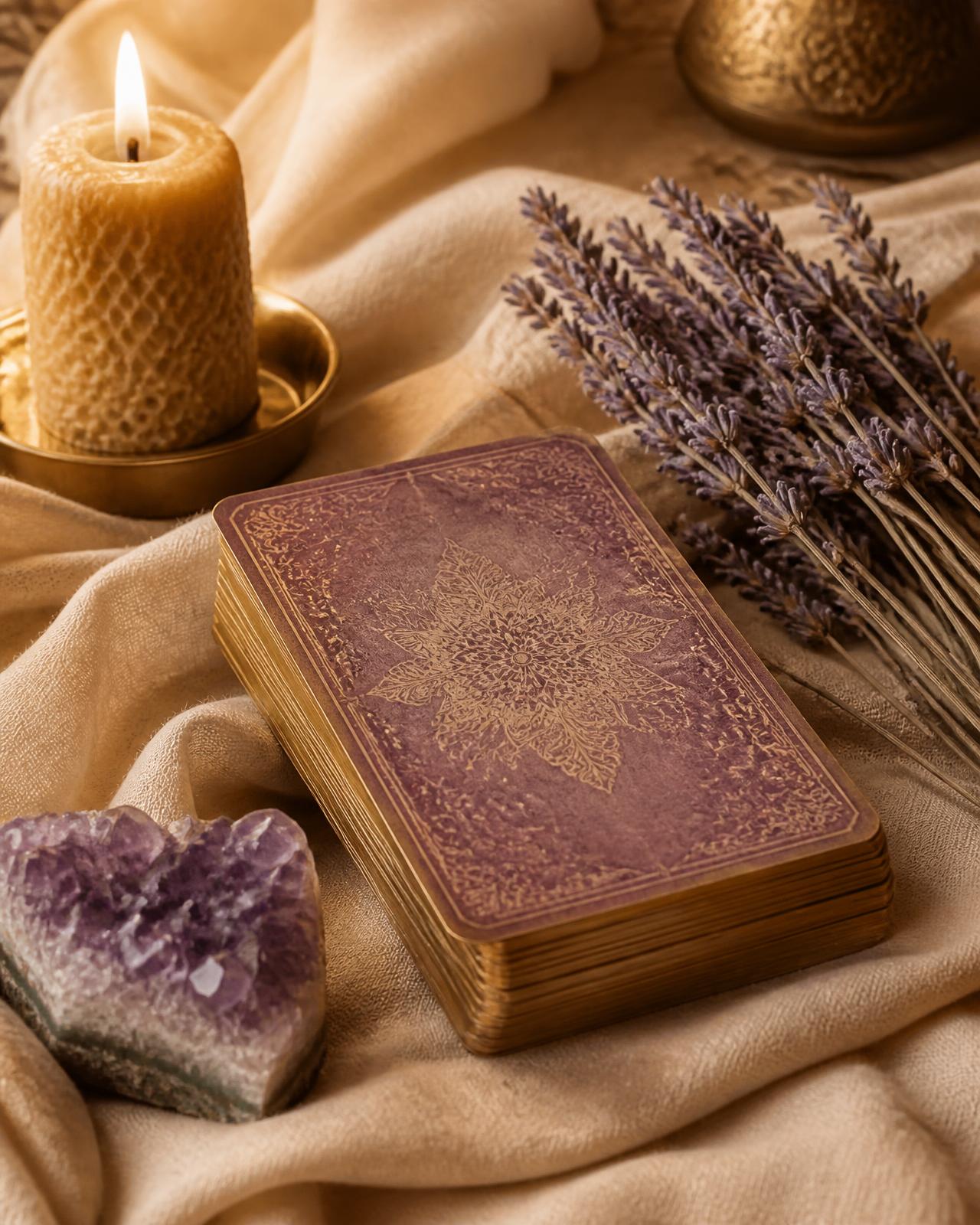 Tarot deck, amethyst and lavender laid out on cream linen before a reading